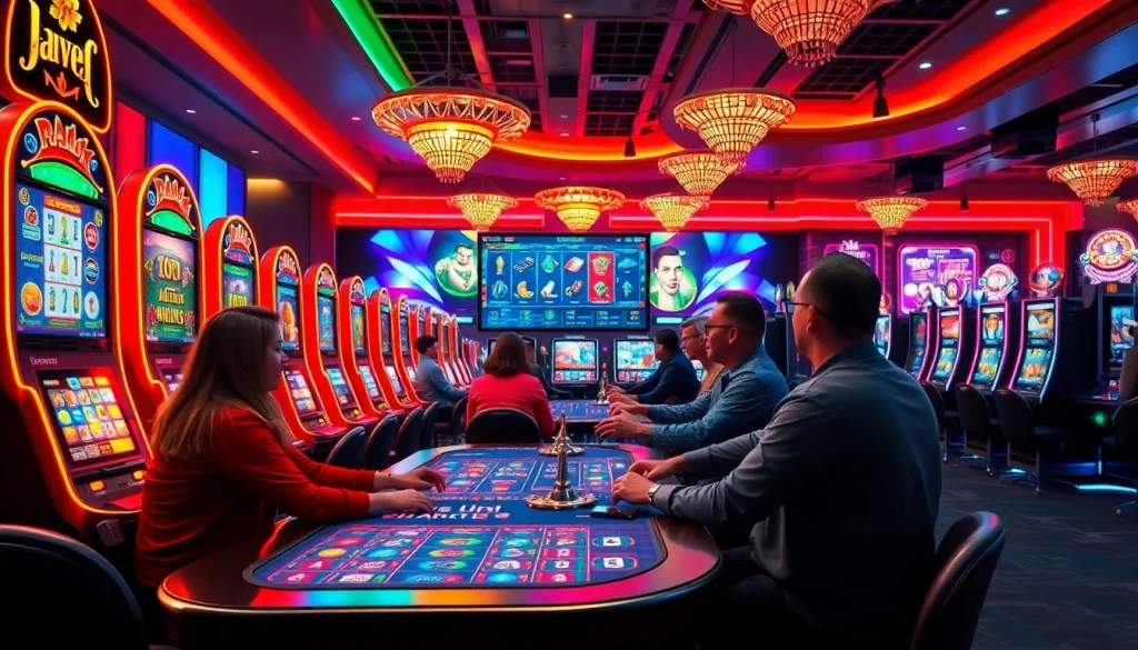 Joueurs passionnés sur un casino en ligne francais avec des machines à sous colorées.