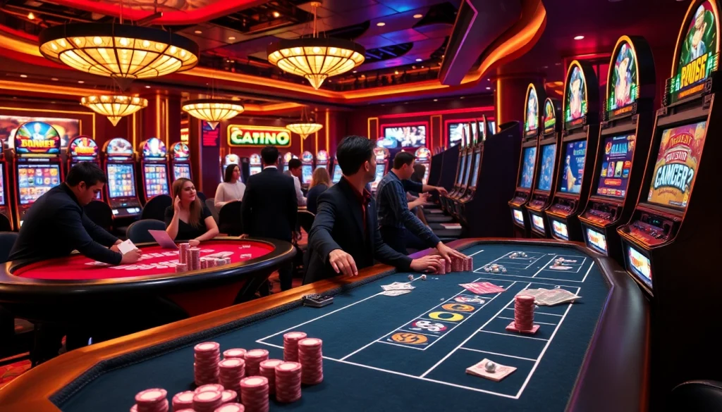 Experience excitement at 8kbet with players at casino tables and vibrant slot machines.