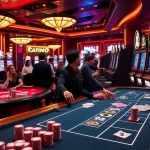 Experience excitement at 8kbet with players at casino tables and vibrant slot machines.