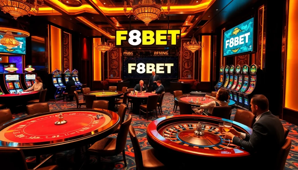 Players enjoying exciting games at F8BET casino, showcasing vibrant roulette and poker action.