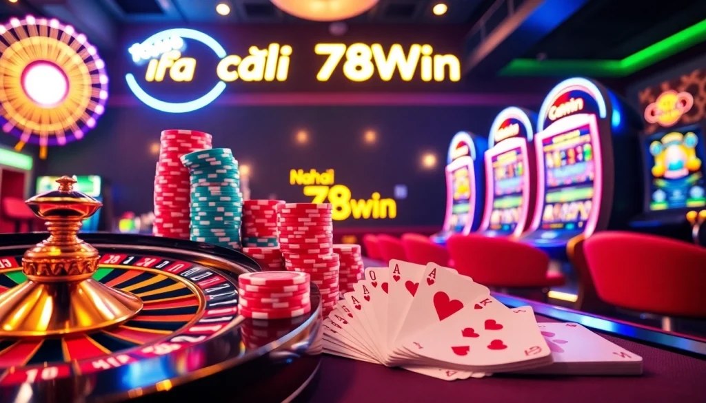 Exciting gaming experience at Nhà cái 78Win with vibrant roulette, cards, and poker chips.