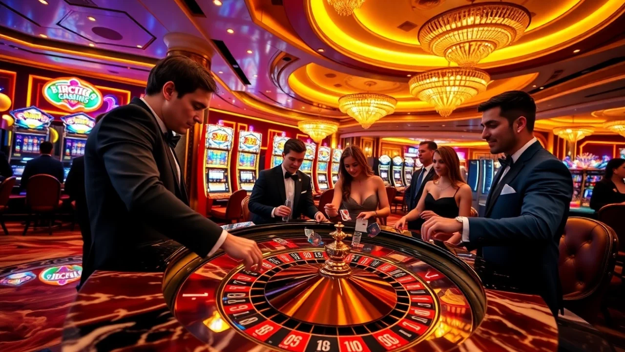 Experience thrilling gambling vibes with https://f168.group/ at a vibrant casino scene with roulette tables and slot machines.