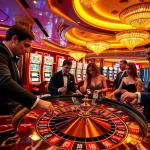Experience thrilling gambling vibes with https://f168.group/ at a vibrant casino scene with roulette tables and slot machines.