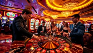 Experience thrilling gambling vibes with https://f168.group/ at a vibrant casino scene with roulette tables and slot machines.